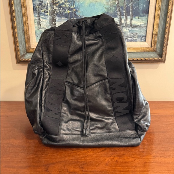 MCM Black Leather Backpack with Glossy Finish